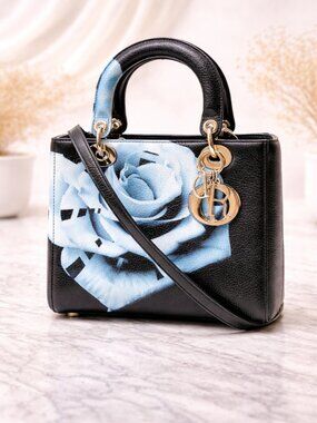 Authentic Christian Dior Lady Dior Blue Rose Print Leather Gold Hardware Bag